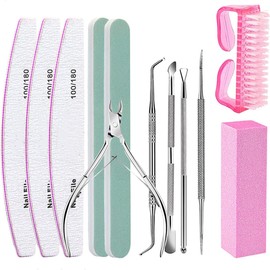 12 Piezas Limas Para Uñas - Kit De Cuidado De Uñas Para Mujeres Con Limas 100/180 Grit Bloque De Pulido De Uñas Pinzas De Cutícula Cortador De Cutícula Empujador De Cutícula Para Cuidado Doméstico De Uñas