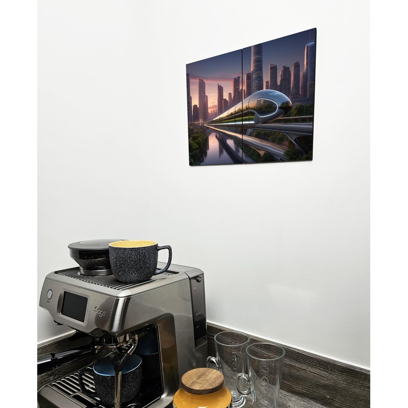 The Plum Penguin Futuristic Cityscape A4 Wood Wall Art -