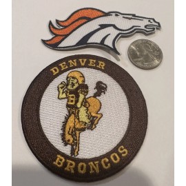 (2) DENVER BRONCOS VINTAGE STYLE EMBROIDERED IRON ON PATCHES  3"x 3” & 4”x 2”