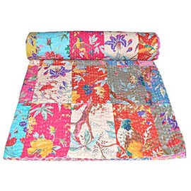 V Vedant Designs Bird Print Patchwork Cotton Kantha Quilt Throw Blanket Bedspread Gudari (Twin Size) Multi, 90x60 Inch