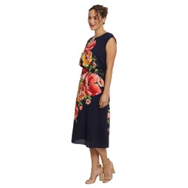 London Times Women's Floral Print Placement Blouson Dress with Cap Sleeves, Navy/Coral