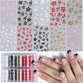 Flower Nail Foil Transfer, Hibiscus Flowers Nail Stickers 10 Rolls Black White Pink Hawaiian Flowers Foils Transfer Sheets Cherry Blossom Tropical Floral Decals Manicure Wraps Pegatinas Uñas