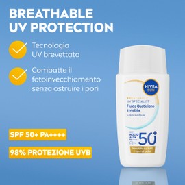NIVEA SUN Fluido Quotidiano Invisibile SPF 50+ 40 ml, Crema viso SPF 50+ invisibile e opacizzante, Protezione solare viso ultra-leggera con Niacinamide, Non comedogenica, Tutti i tipi di pelle