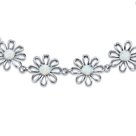 Bling Jewelry Delicate Floral Flower Created White Opal Multi Charm Link Daisy Bracelet Anklet for Women Teens .925 Silver October Birthstone Adjustable 7.5-9 inch