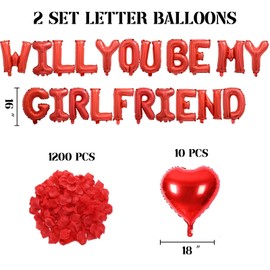 2 Set Red Will You Be My Girlfriend Balloons - 42pcs 16" Letter Balloons 1200pcs Red Artificial Rose Petals 10pcs 18" Heart Balloon Alphabet Foil Mylar Balloon for Valentines Day Decorations