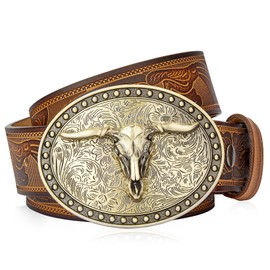 BISON DENIM Men's Western Double embossed leather belts with golden Cowboy Longhorn Bull Pattern Floral Engraved replaceable Buckle Belt