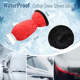WILLBOND Ice Scraper with Glove Waterproof Car Windshield Scraper No Scratch Comfortable Glove Ice Scraper Windproof Warm Car Scraper Mitt for SUV Vehicle Truck Snow Quickly Removal (Red)