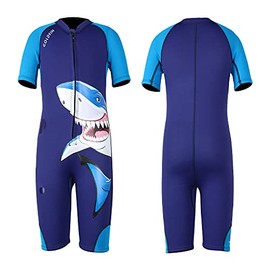 Kids Wetsuit Shorty, Toddler Thermal Swimsuit 2mm Wetsuit Front Zip Keep Warm with Anti-Chlorine for Boys Youth Swimming Diving Surfing (Blue-Shark, 4)