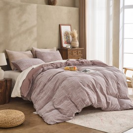 Simple&Opulence 100% Cotton Yarn-Dyed Jacquard Duvet Cover Queen Size, 3 Pcs Checkered Stripes Duvet Cover Set with 7 Inner Ties, Soft Bedding Set for All Seasons (Terracotta, 88" x 92")