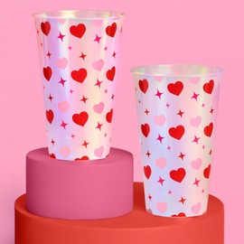 xo, Fetti Iridescent Heart Plastic Cups | 16 pcs 16 oz | Valentine's Day Drinkware, Vday Decor, Love Bachelorette Party, Galentine's Supplies