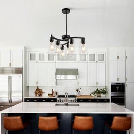 Sigaitwei 6 Light Modern Chandeliers for Dining Room,21.7" Black Hanging Light Fixture，Kitchen Pendant Lighting Over Island，Industrial Farmhouse Chandelier,Metal with Downward Clear Glass Shade