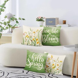 Bonhause Set of 4 Cushion Covers Spring Hello 45 x 45 cm Flowers Yellow White Green Leaves Decorative Cushion Covers for Sofa Home Garden Outdoor Spring Decoration