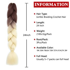 Xtrend 3 Packs 24 Inch 2 Tone Ombre Tress de Cheveux Tresses Crochets Skin Temretures Extensions de Cheveux Synthetic Fabrics Jumbo Tressage Extension de Cheveux (3 Packs, Brun/Beige)