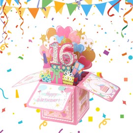 Happy 16th Birthday Pop-Up Card for Girls, Handmade 3D Pink Box Card with Shiny Rhinestone Number, Special Paper Greeting Card for Daughter Granddaughter Niece