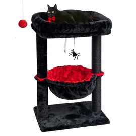 SYANDLVY Gothic Cat Tree with Coffin Bed for Indoor Cats, Activity Cat Tower with Scratching Post for Kittens, Cat Condo Furniture with Basket & Spider Hanging Ball for Play Rest