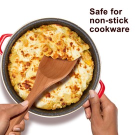 Large Wooden Cooking Spoon Mixing Serving Spoon Best Oak Wood Spoons for Cooking Spatula Non Stick Kitchen Utensil 12.5 Inch Long Handle Spoon Big Stirring Corner Spoons