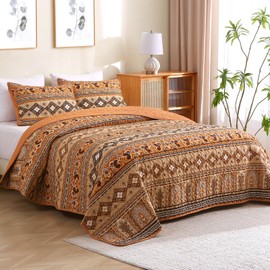 Heymybed Boho Quilt Set King Size, Bohemian Striped Bedspread Coverlet Set, 3 Pieces Lightweight Soft Microfiber Reversible Orange Quilt Bedding Set for All Season 106"×92"