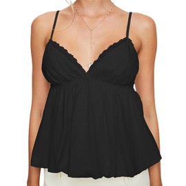 Women Y2k Lace Trim Cami Top Spaghetti Strap V Neck Peplum Camisole Summer Cute Fairy Aesthetic Babydoll Tank Tops (Black Ruched, M)