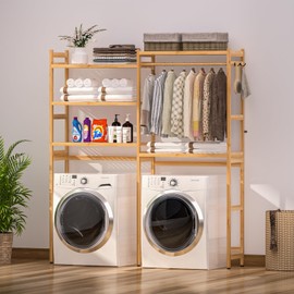 Cozivolife Over the Washer and Dryer Storage Shelf Bamboo,5 Tiers Laundry Room Drying Rack with Adjustable Shelves and 4 Hooks,Space Saver Organizer for Hanging Clothes and Towels (Natural)