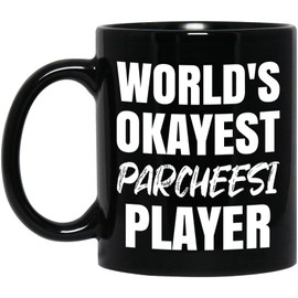 Funny Board Game Gifts, World's Okayest Parcheesi Player, 11oz Black Ceramic Coffee Cup, Gift for Parcheesi Players