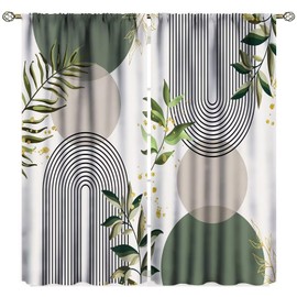 Boho Leaf Curtains, Mid Century Abstract Green Leaves Tropical Plants Modern Minimalist Window Treatments for Bedroom Living Room Kitchen Cafe Bohemian Drapes, 42x45 Inch Decor