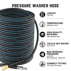 100 Ft Pressure Washer Hose, Power Washer Hose Attachment with 3/8'' Quick Connector, High Tensile Wire Braided Hose for Cold & Hot Water 4200PSI Kink Resistant Car Wash Hose with M22-14mm Adapter Kit