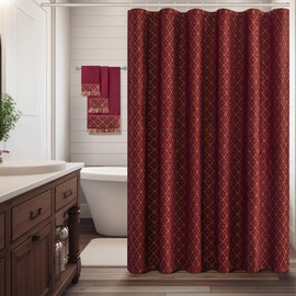 Loom and Mill Textured Fabric Shower Curtain Set with 12 Metal Hooks, Red Damask Bathroom Shower Curtain Sets Diamond Pattern, Waterproof Heavyweight Shower Curtain for Home Bathroom(72x72)