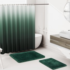 Bathroom Accessory Set–Bathroom Sets with Shower Curtain and Rugs, No Slip Bathroom Rugs Super Absorbent, Dark Green Ombre Waterproof Shower Curtain with Hooks, Green Bathroom Sets Complete for Home