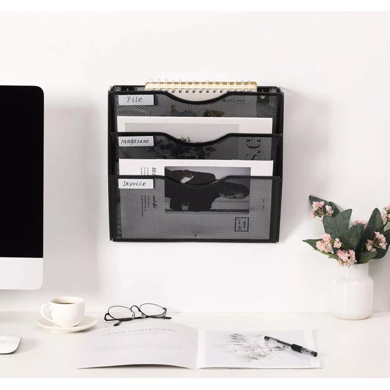 EasyPAG 3 Tier Black Mesh Wall File Organizer Durable Metal