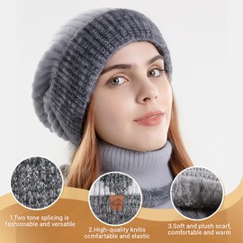 BOYSSPAA Strickmütze und Schal für Damen, Winter, dick, warm, Beanie und Nackenwärmer für kaltes Wetter, weiches Fleece gefüttert, stilvoller Grobstrick, grau, One size