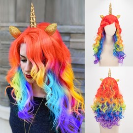 Hifot Women's Unicorn Wig with Ears and Horn, Colourful Long Rainbow Wig for Children, Girls, Unicorn Costume for Cosplay, Children's Birthday Party