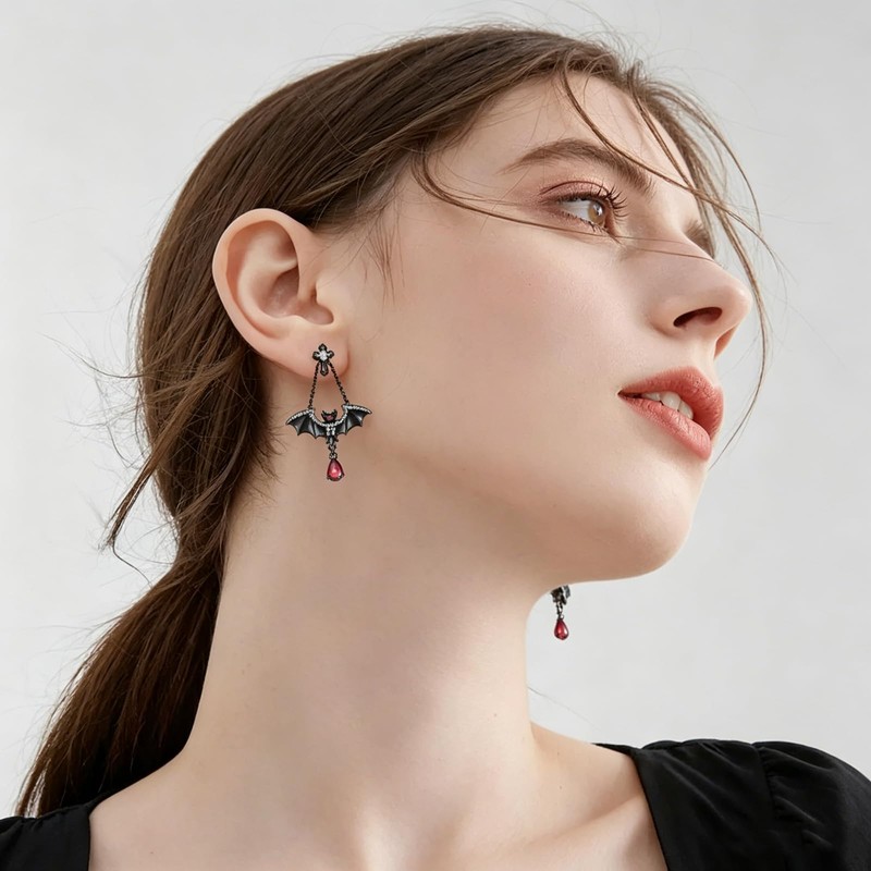 LPYO Rhinestone Bat Stud Earrings for Women Gothic Vampire Halloween
