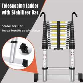 ARCHOM Telescoping Ladder with Hooks 9.5 FT - Aluminum Telescopic Ladder with Stabilizer - Retractable Extension Ladders for Home Loft Roof RV Work with EN131 Certification - 330lbs Max Capacity