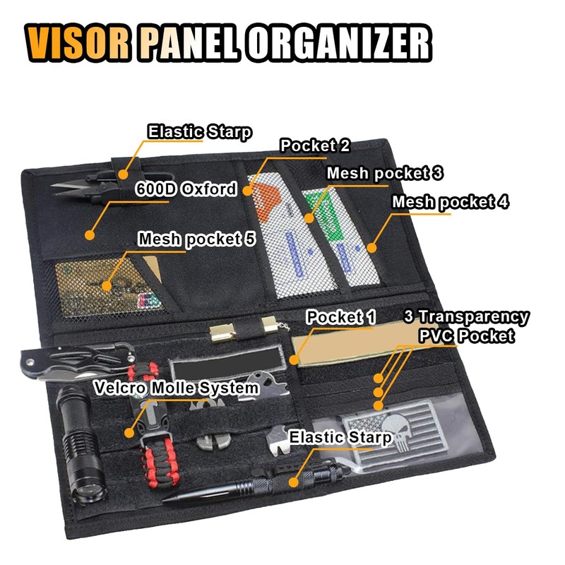 Tactical Molle Car Sun Visor Organizer, Large Molle Visor Panel