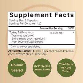 Bell Turkey Tail Mushroom 15000mg 240 Caps Non-GMO/No Preservatives/No Gluten/Natural