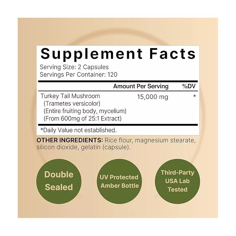 Bell Turkey Tail Mushroom 15000mg 240 Caps Non-GMO/No Preservatives/No Gluten/Natural