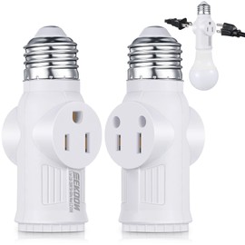 Feekoon 2 Pcs 3 Prong Light Socket Adapter, E26 Light Bulb Outlet Adapter, Polarized Light Socket to Plug Adapter, Light Bulb to 2/3 Prong Outlet Plug Splitter Converter for Garage Porch (White)