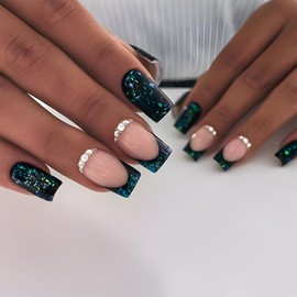 Square Press on Nails Short French Tips Fake Nails Glitter Acrylic False Nails with Rhinestone Glue on Nails Medium French Nails Press on Stick on Nails for Women Girls Manicure 24pcs