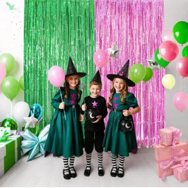 Fcuadro 2 Pack Wicth Party Decorations Pink & Green Foil Fringe Curtains 3.3x6.6Ft Color Backdrop for Birthday Themed Party Supplies