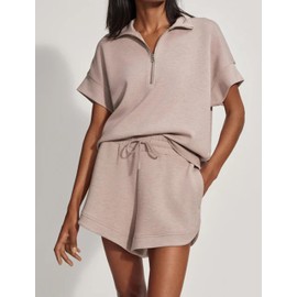 SHBECYDE Womens Two Piece Half Zip Sweatshirts Shorts Set Lapel Collared Sweatshirt Drawstring High Waist Shorts Outfits