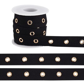 arricraft 5 Yards(4.5m) Grommet Eyelet Tape, 10mm Wide Black Flat Polyester Eyelets Tape Golden Brass Ring Ribbon Strip Metal Wire Twist Ties Eyelet Trim for Corset Garment DIY Sewing