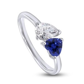 Toi Et Moi Engagement Rings for Women, Heart Shape Blue Sapphire Lab Grown Gemstone & Pear Lab Created Moissanite Diamond 2-Stone Solitaire Promise Ring In 14K White Gold Over Sterling Silver-9
