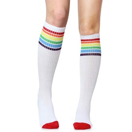 juDanzy Premium Striped Adult Tube Socks (Adult Small (Shoe size 5-9), White with Rainbow Stripes)