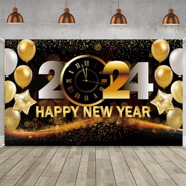 Happy New Year Decorations 2024, Large New Year Background Banner, Happy New Year Banner for New Year Eve Indoor Outdoor Wall Black and Gold, 2024 New Year Party Supplies (70.8 * 43.3 In)