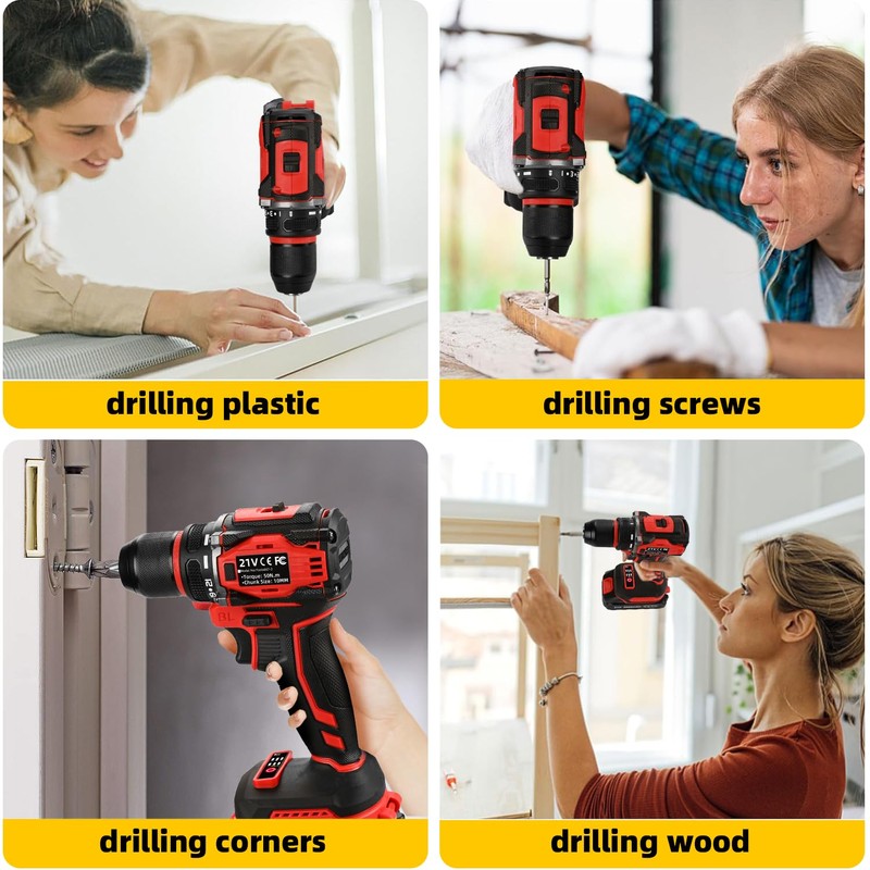 21V Cordless Power Drill/Driver Set, 2 Variable Speeds with LED