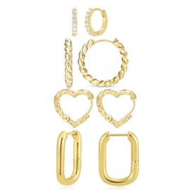 IMBESTONE 4PCS Gold Hoop Earrings for Women Trendy Set Hypoallergenic Twisted Chunky Huggie 14K Gold Plated Stainless Steel Small Hoop Earring Jewelry for Gifts