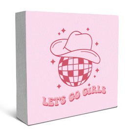 SRADMO Let's Go Girls Preppy Cowgirl Hat Disco Ball Wood Box Sign Desk Decor,Hot Pink Preppy Wooden Block Box Sign Decoration for Bachelorette Party Western Home College Dorm Wall Shelf Table Decor