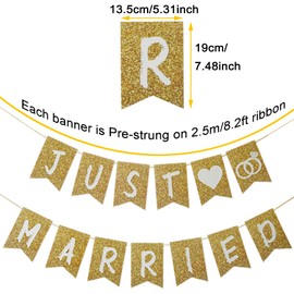 Pre-Strung Just Married Banner NO DIY Gold Wedding Party Banner Vintage Wedding Bunting Photo Booth Props Signs Reception Garland Bridal Shower Decoration JUST MARRIED Car Decorations