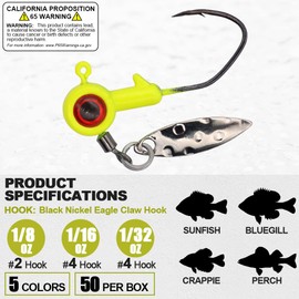 XFISHMAN Crappie-Jigs-Heads-Kit 1/8 1/16 1/32oz 50 Pack Ice Fishing Jigs Lead Head Jig Hook Lure (1/16 oz, Big Eye Jigheads-W/Spinner)