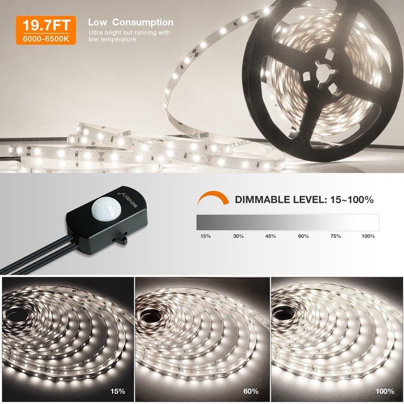 Sensky 19.7ft Motion Activated LED Strip Light Kit Dimmable for